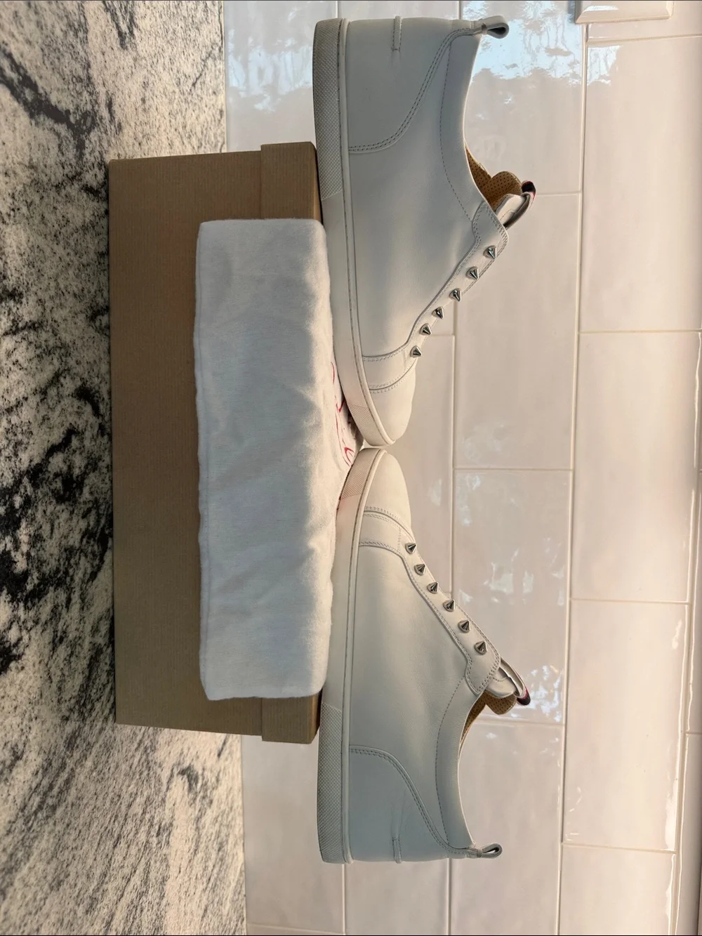 Christian Louboutin Fique A Vontade White Leather Spike Slip-On Sneakers